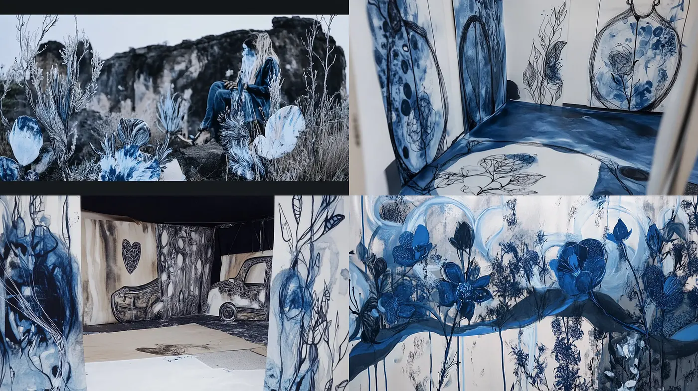 Ethereal Exploration of Nature in Monochrome Blue Tones - Midjourney sref style