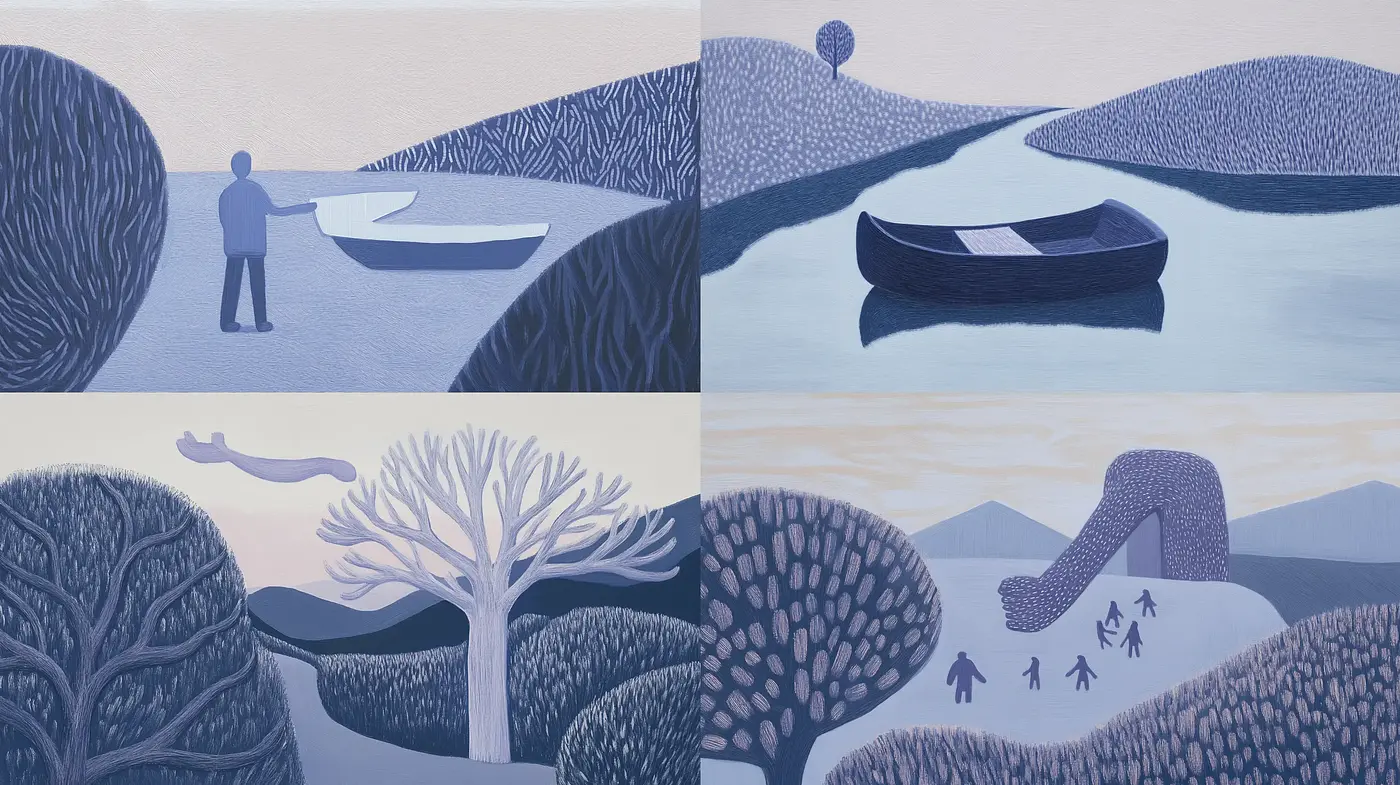Tranquil Serenity in Blue: A Harmonious Blend of Stylized Nature and Simplified Forms - Midjourney sref style