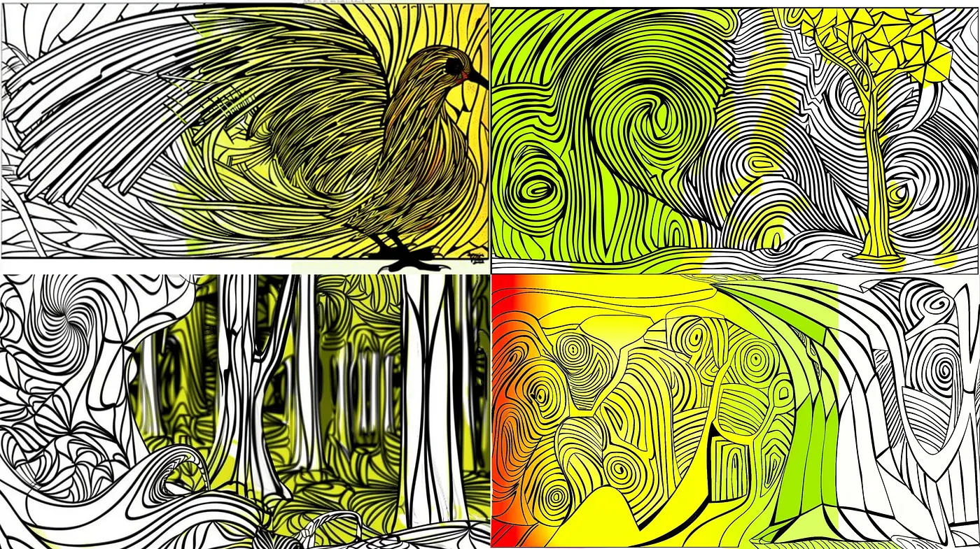 Intricate Swirls and Dynamic Curves: A Study in Contrast and Vivid Hues - Midjourney sref style