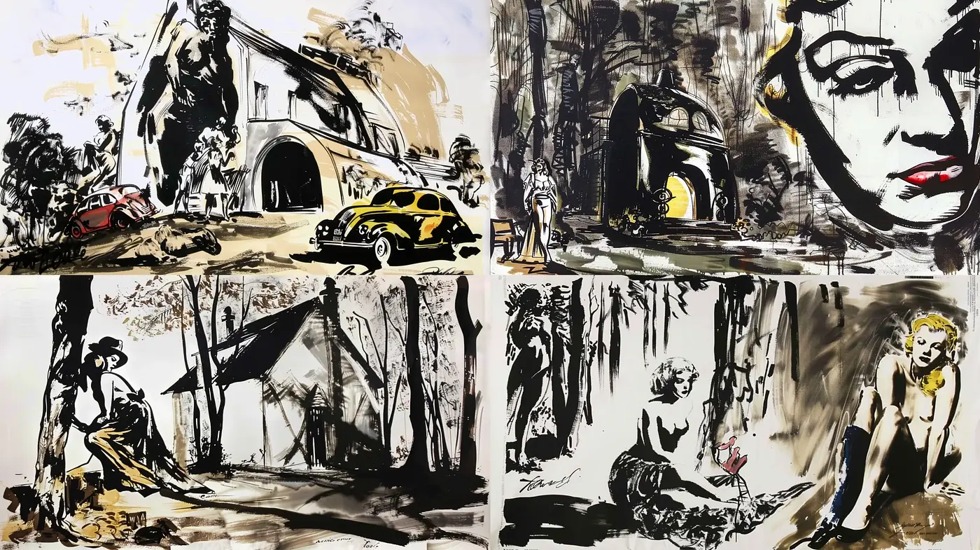 Abstract Noir Expressions: A Melancholic Dance Between Light and Shadow - Midjourney sref style