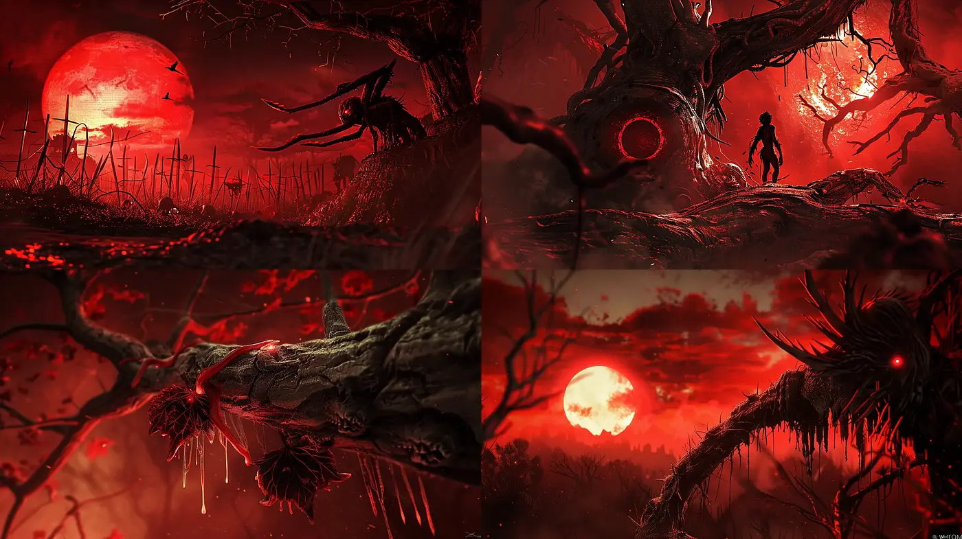 Crimson Apocalypse: A Fusion of Macabre and Surreal Elements under a Blood-Red Sky - Midjourney sref style