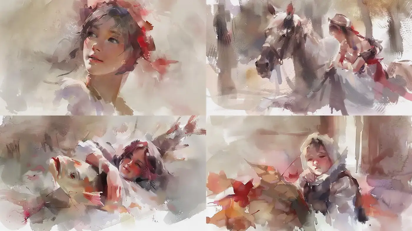 Dreamy and ethereal watercolor portraits capturing a nostalgic rural charm - Midjourney sref style