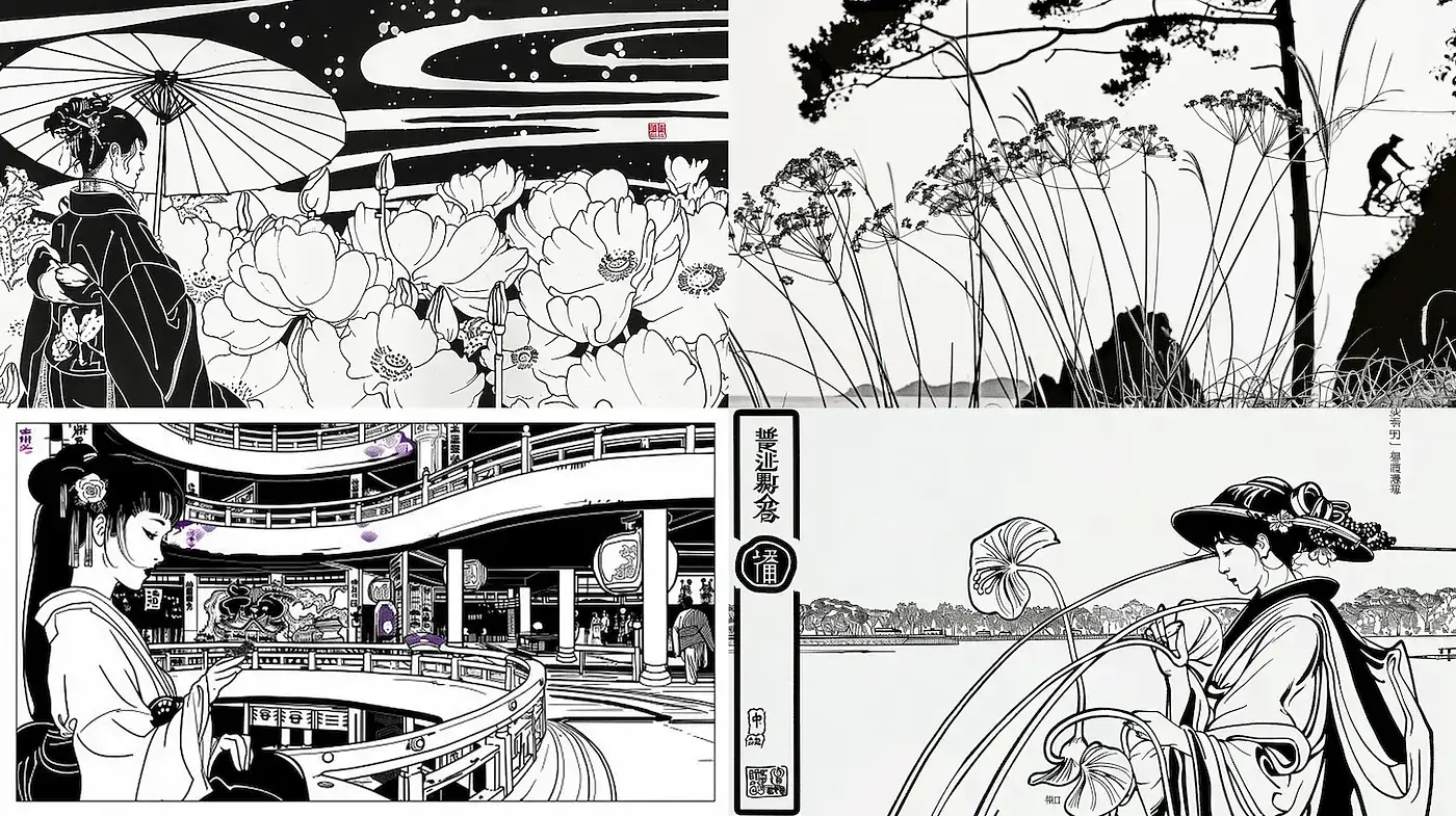 Elegant Japanese Aesthetic with Minimalist Black and White Illustrations - Midjourney sref style