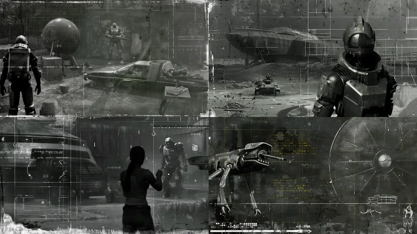 Monochromatic Futuristic Dystopia with Digital Glitch Art Influence - Midjourney sref style