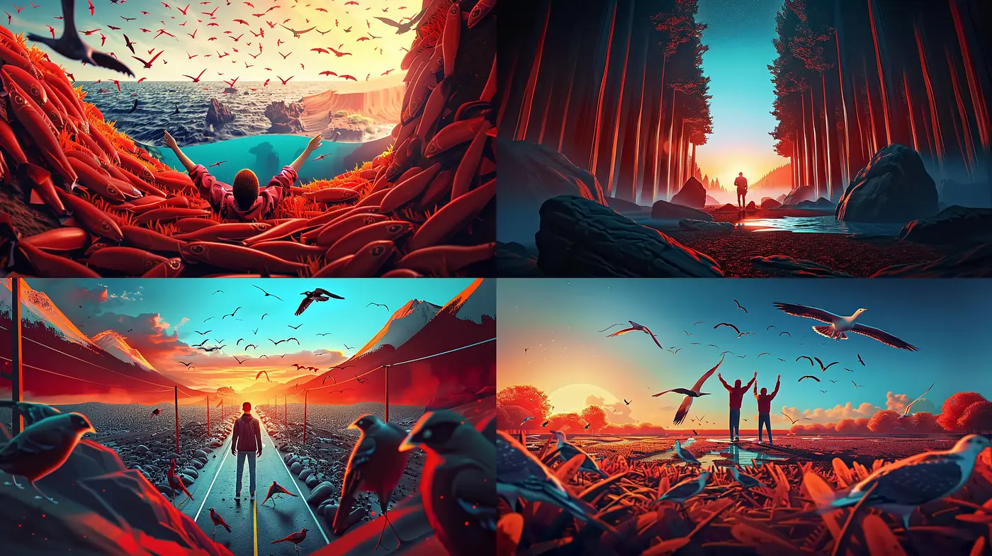 Aurora of Dreams: Sunset Silhouettes and Vibrant Horizons - Midjourney sref style