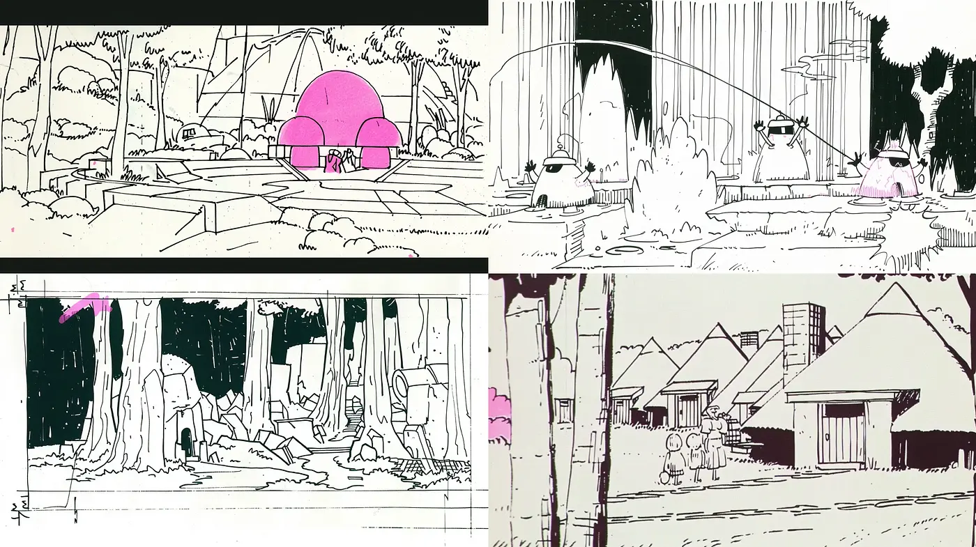 Monochromatic Sketches with Splashes of Pink: A Synthesis of the Minimalist and the Expressive - Midjourney sref style