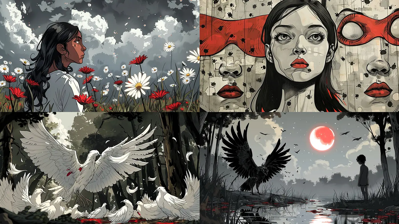Contrast-Enhanced Graphical Illustrations with a Melancholic Essence - Midjourney sref style