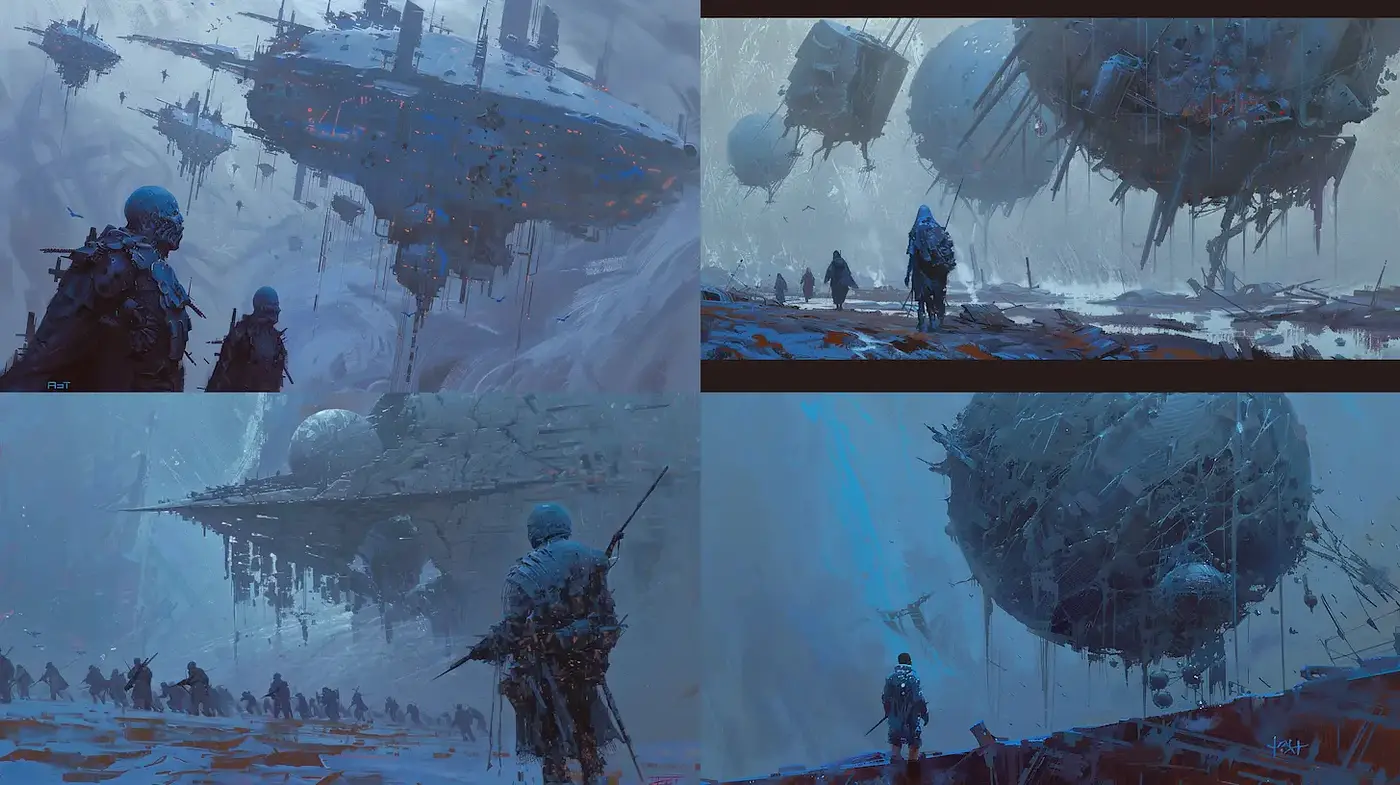 Dreamlike, atmospheric sci-fi landscapes with haunting beauty - Midjourney sref style