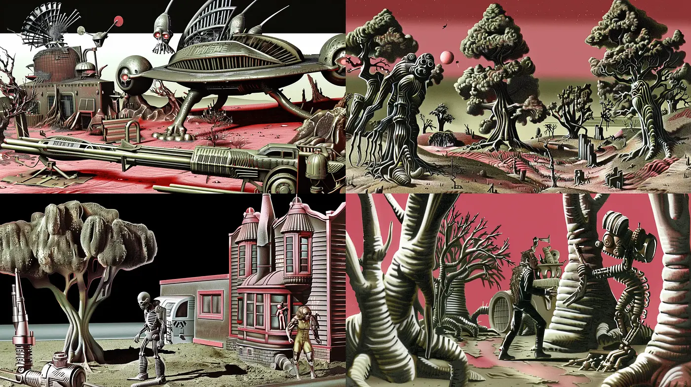 Surrealist Dreamscape with a Retro-Futuristic Essence - Midjourney sref style