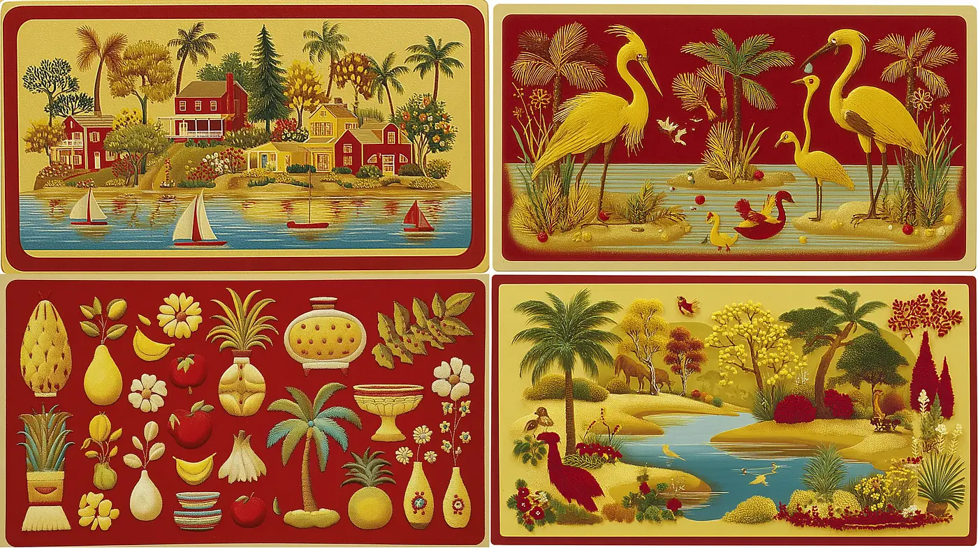 Vibrant Retro-Inspired Tropical Scenes with Folk Art Elements - Midjourney sref style