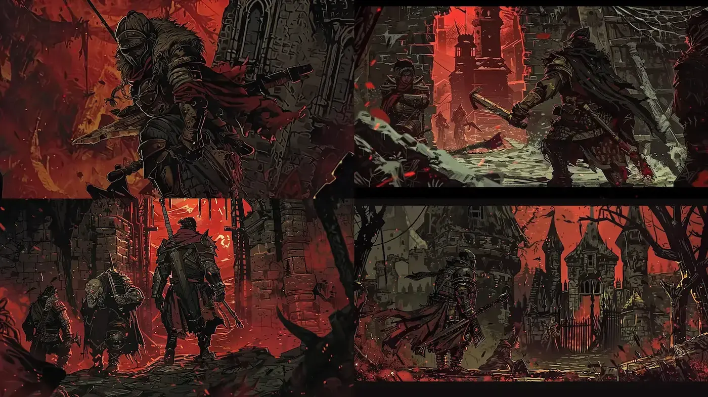 Dystopian Warzone: An Illustrative Depiction of Dark Fantasy Conflict - Midjourney sref style