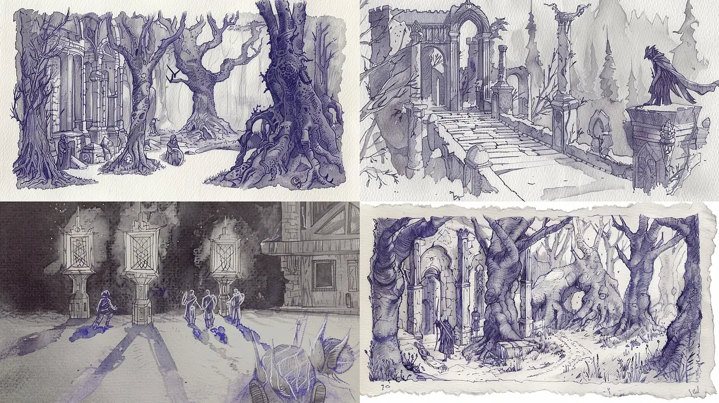 Ethereal Monochromatic Sketches: A Homage to Gothic Mystery and Fantasy Realms - Midjourney sref style
