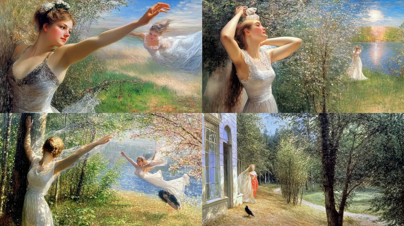 Ethereal Lightness and Pastoral Dreamscapes in Romantic Artistry - Midjourney sref style