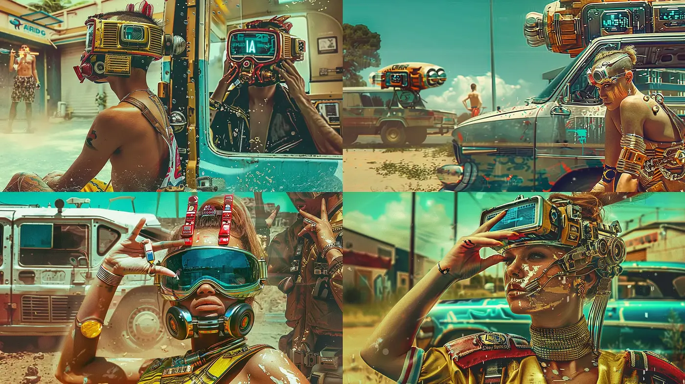 Sun-Drenched Cyberpunk Dreamscape with Consistent Retro-Futuristic Elements - Midjourney sref style