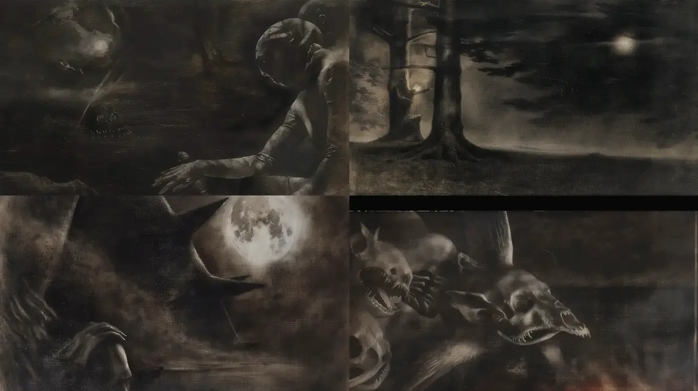 Dark surrealistic dreamscapes with haunting elements - Midjourney sref style