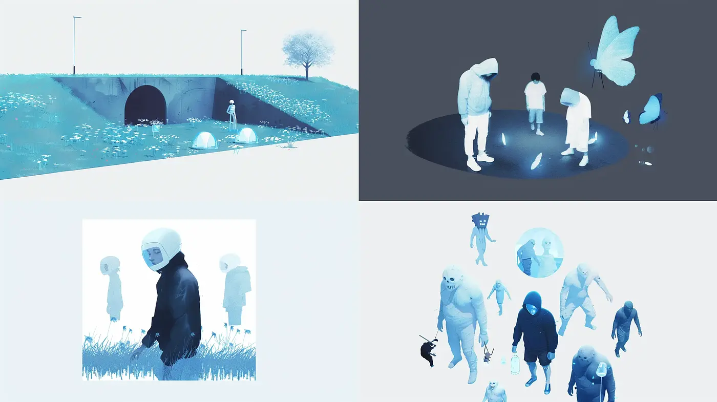 Ethereal Monochrome Blues - A Consistent Theme of Cool Serenity and Reflective Solitude - Midjourney sref style