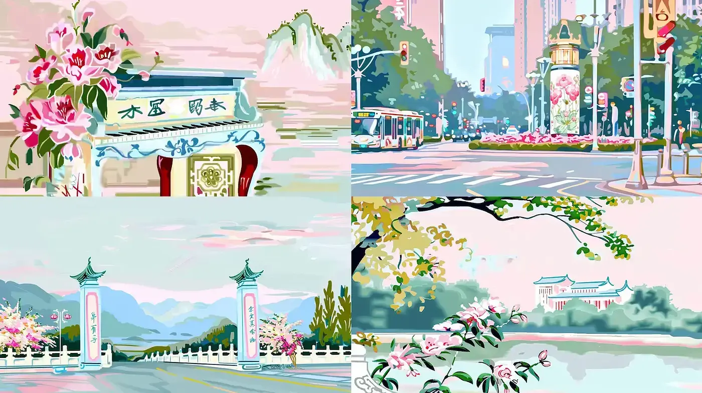Serene and Colorful Landscapes with Floral Elements - Midjourney sref style
