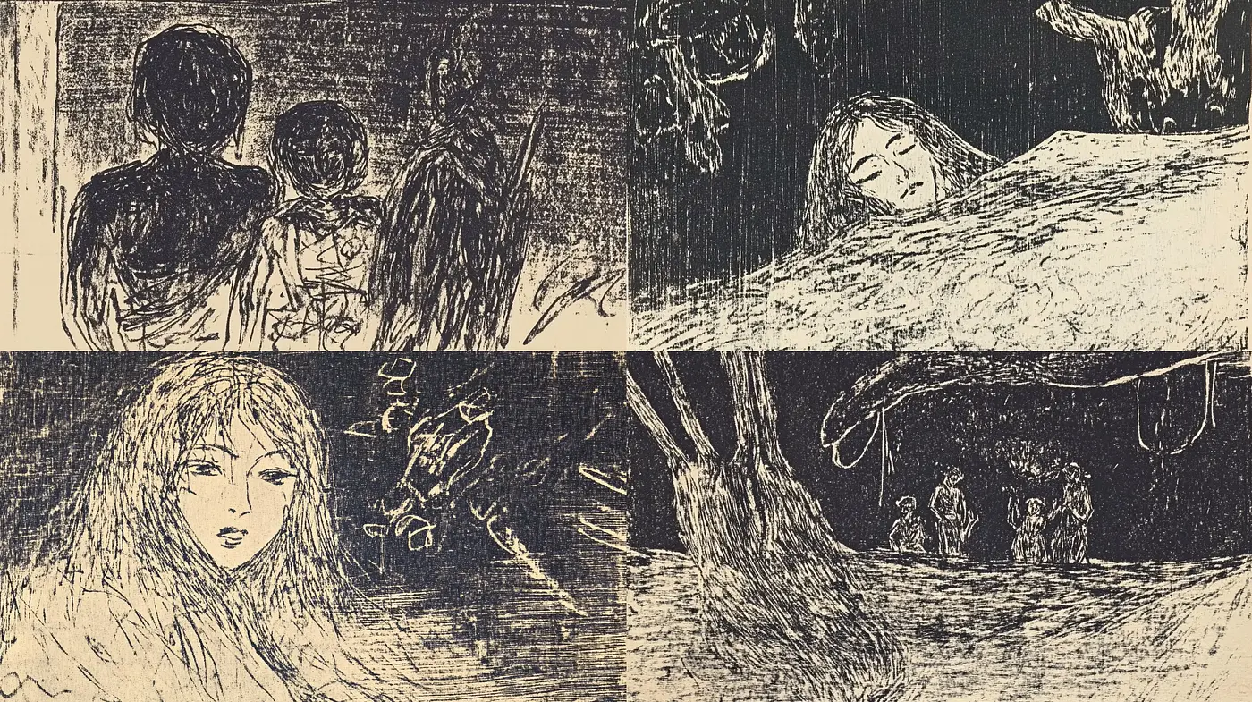 Etched Shadows and Dreams: A Homage to Expressionist Woodcut Techniques - Midjourney sref style