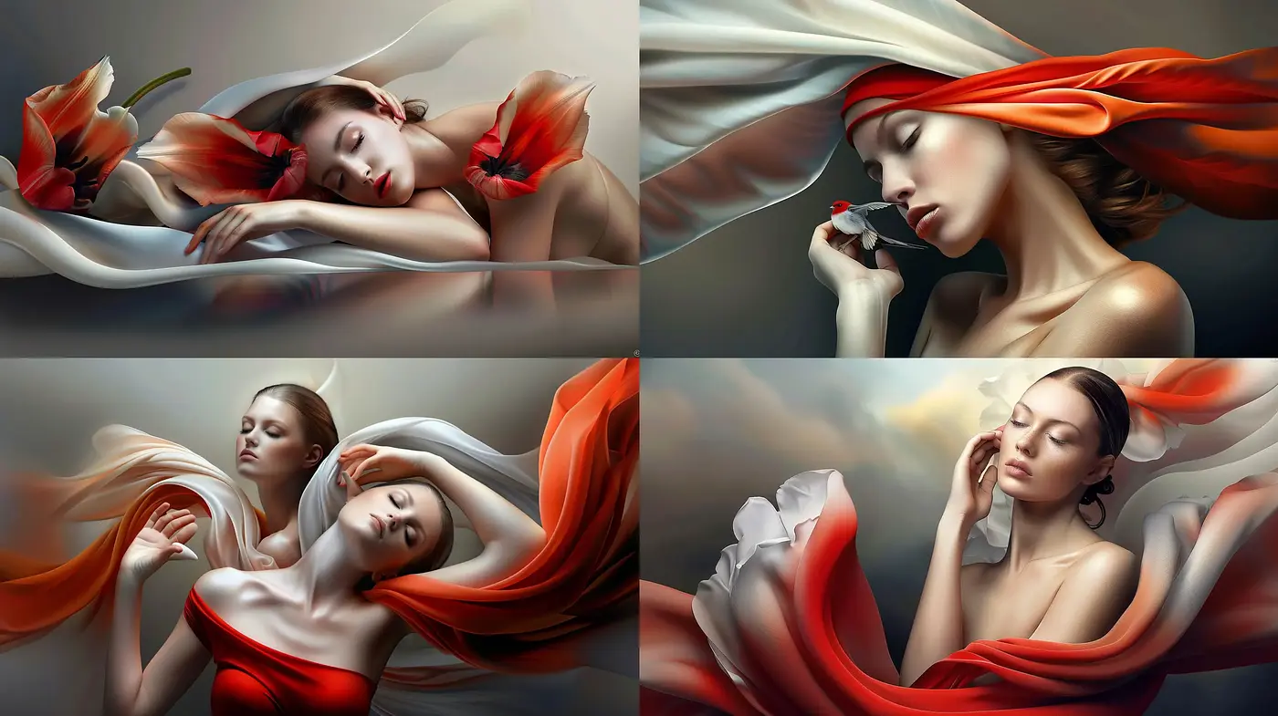 Ethereal Elegance in Draped Satins: A Serene Palette of Soft Realism - Midjourney sref style