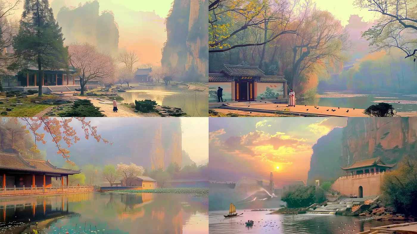 Idyllic Twilight Hues in Traditional East Asian Sceneries - Midjourney sref style