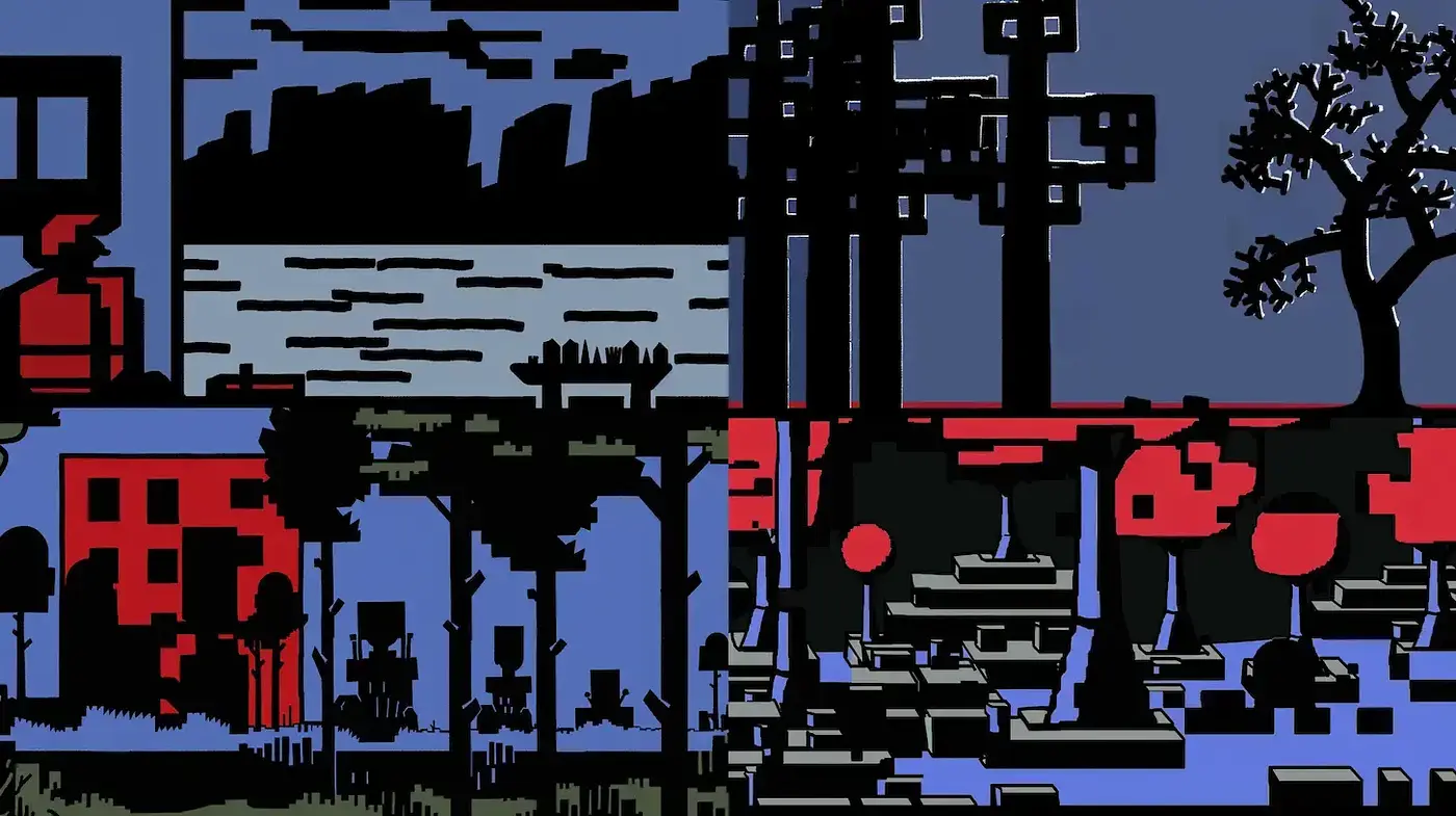 Dynamic and Geometric Exploration of Urban Landscapes in Bold Colors - Midjourney sref style