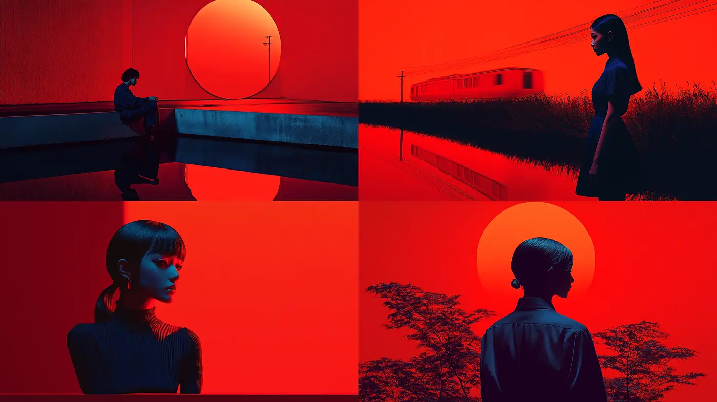 Crimson Silhouettes Under Monochromatic Skies - Midjourney sref style