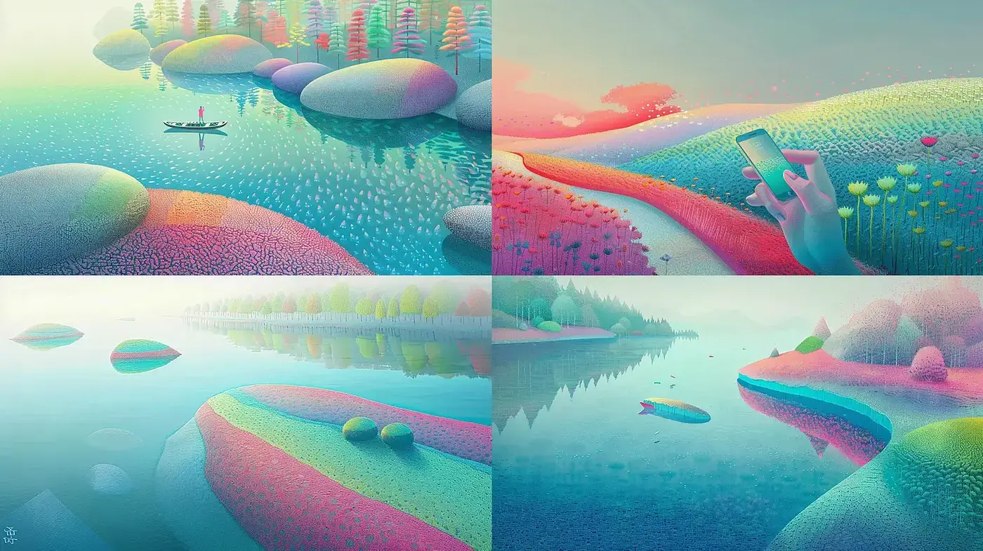 Ethereal Dreamscape Mosaic: A Serene Synthesis of Nature and Digital Textures - Midjourney sref style