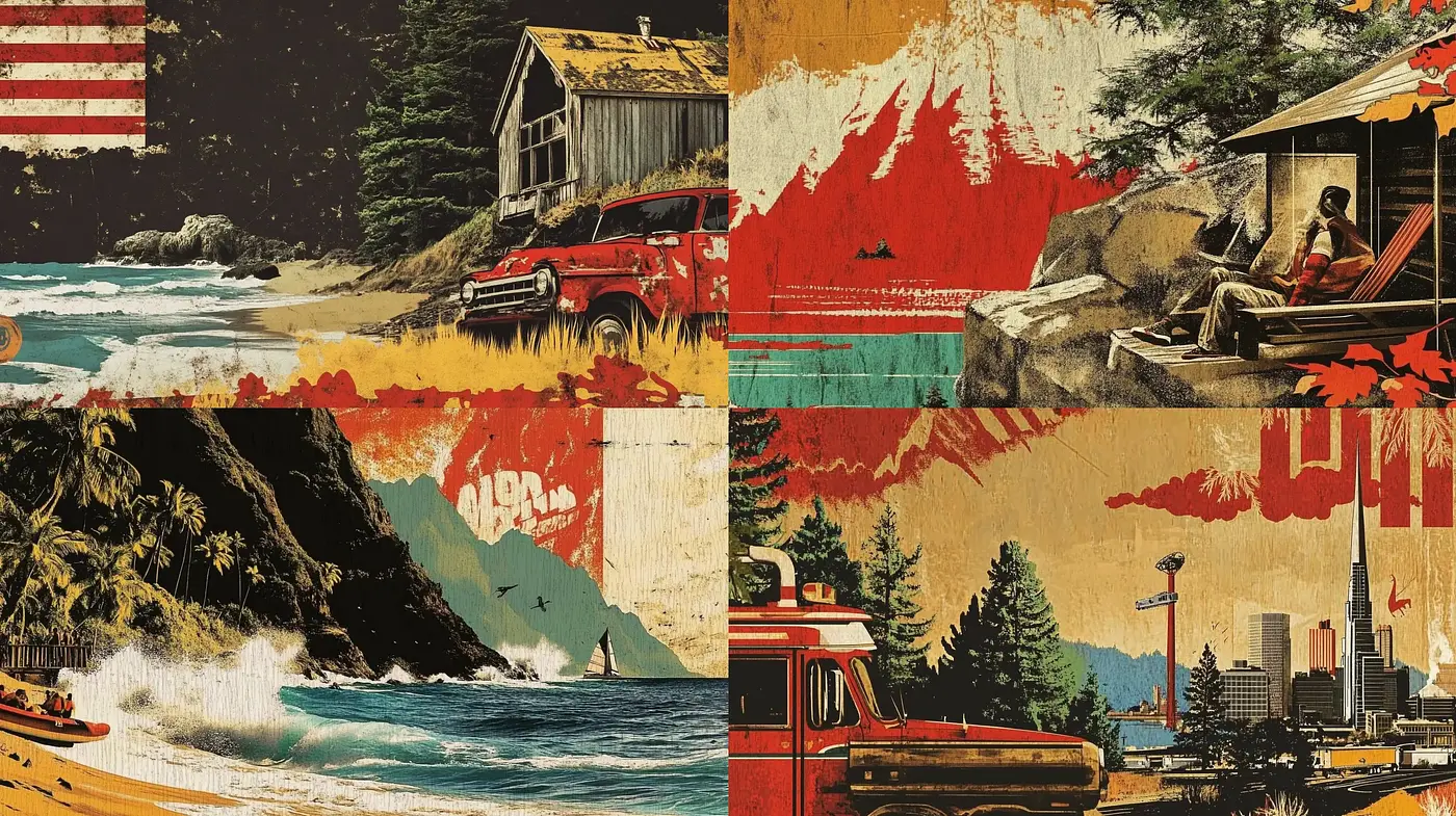Retro Americana Collage with a Layered Texture Appeal - Midjourney sref style