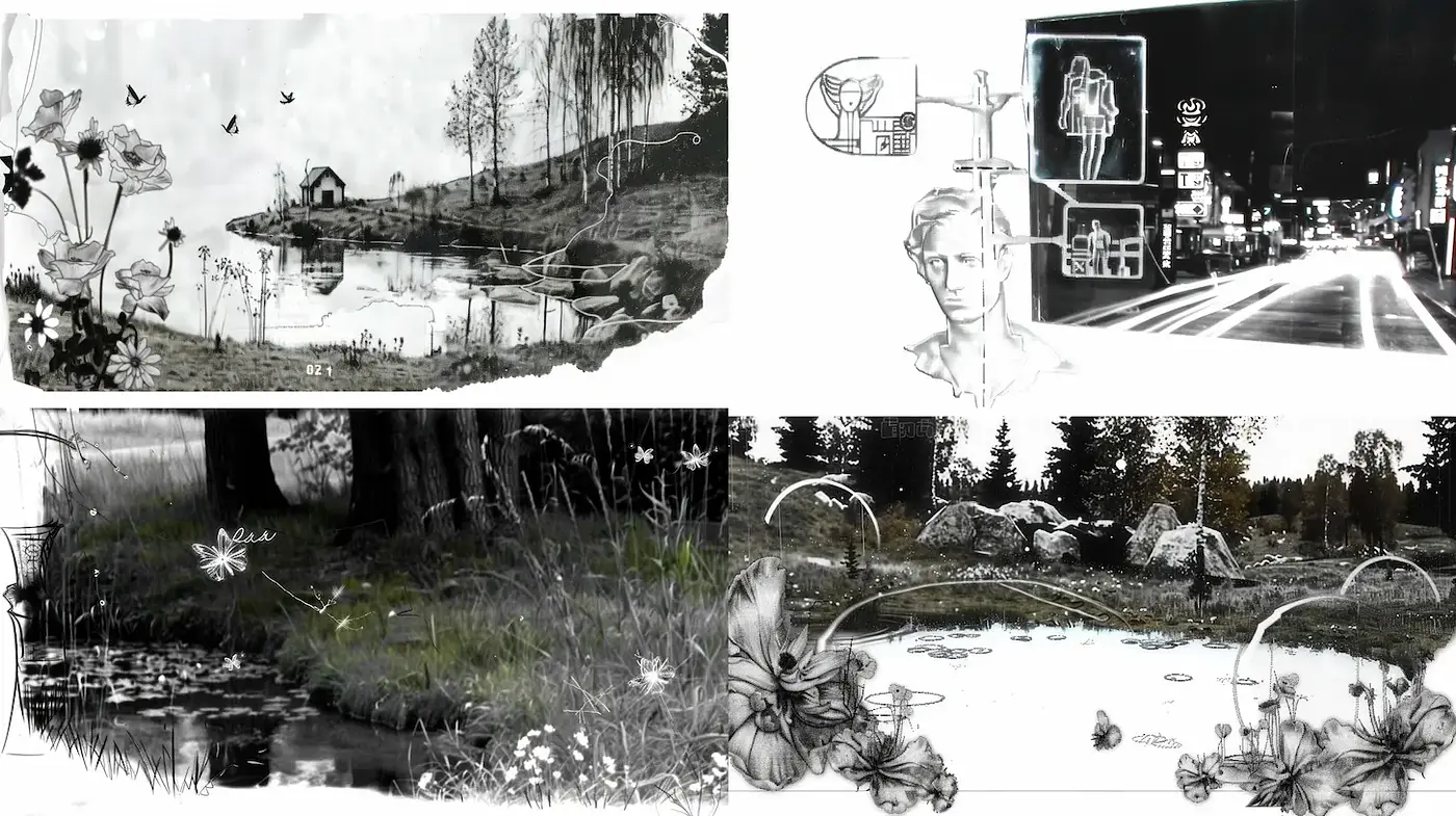 Ethereal monochrome landscapes with intricate detailing - Midjourney sref style
