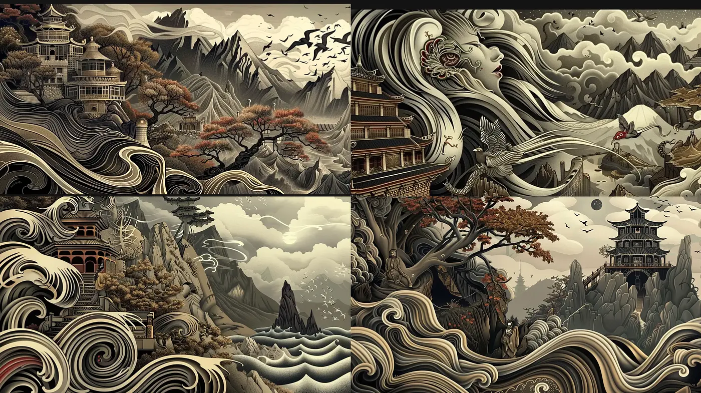 Ethereal Monochromatic Visions of Mythical East Asian Landscapes - Midjourney sref style