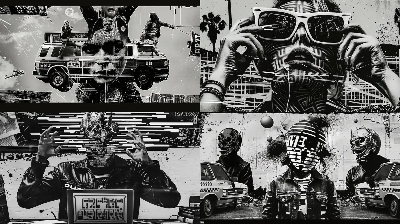 Futuristic Distortion with a Retro Vibe in Black and White - Midjourney sref style