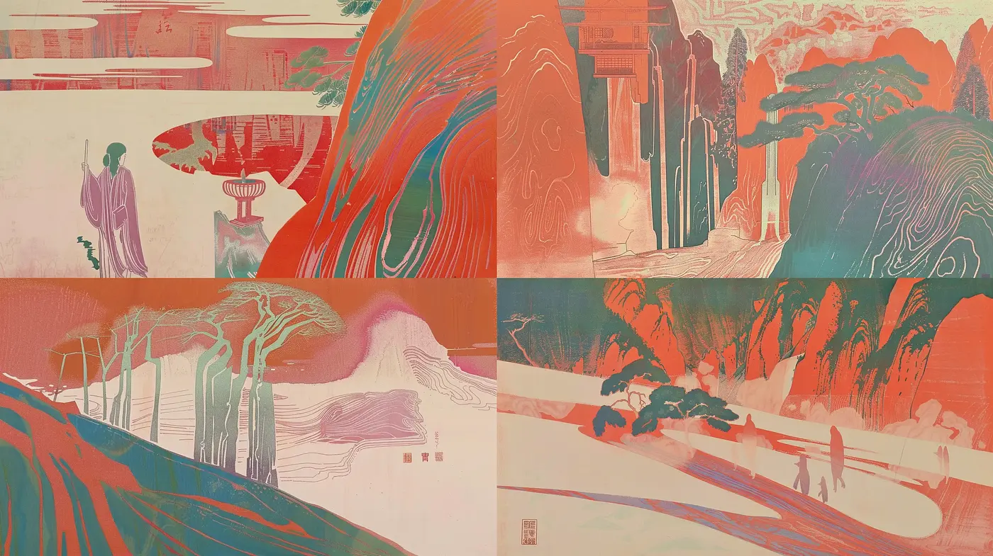 Whispering Crimson Waves: An Interpretive Dance of Color and Form - Midjourney sref style