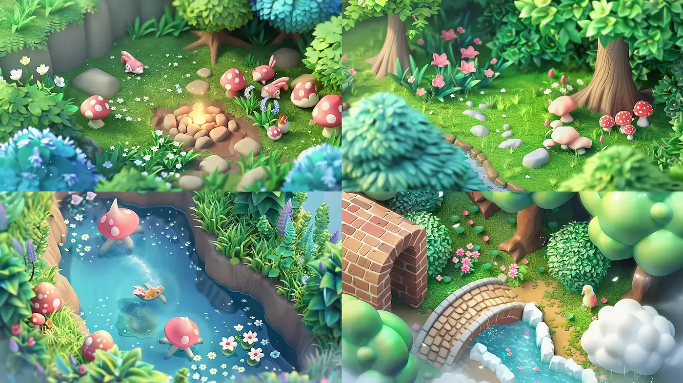 Whimsical and Lush Fantasy Landscape with Organic Elements - Midjourney sref style