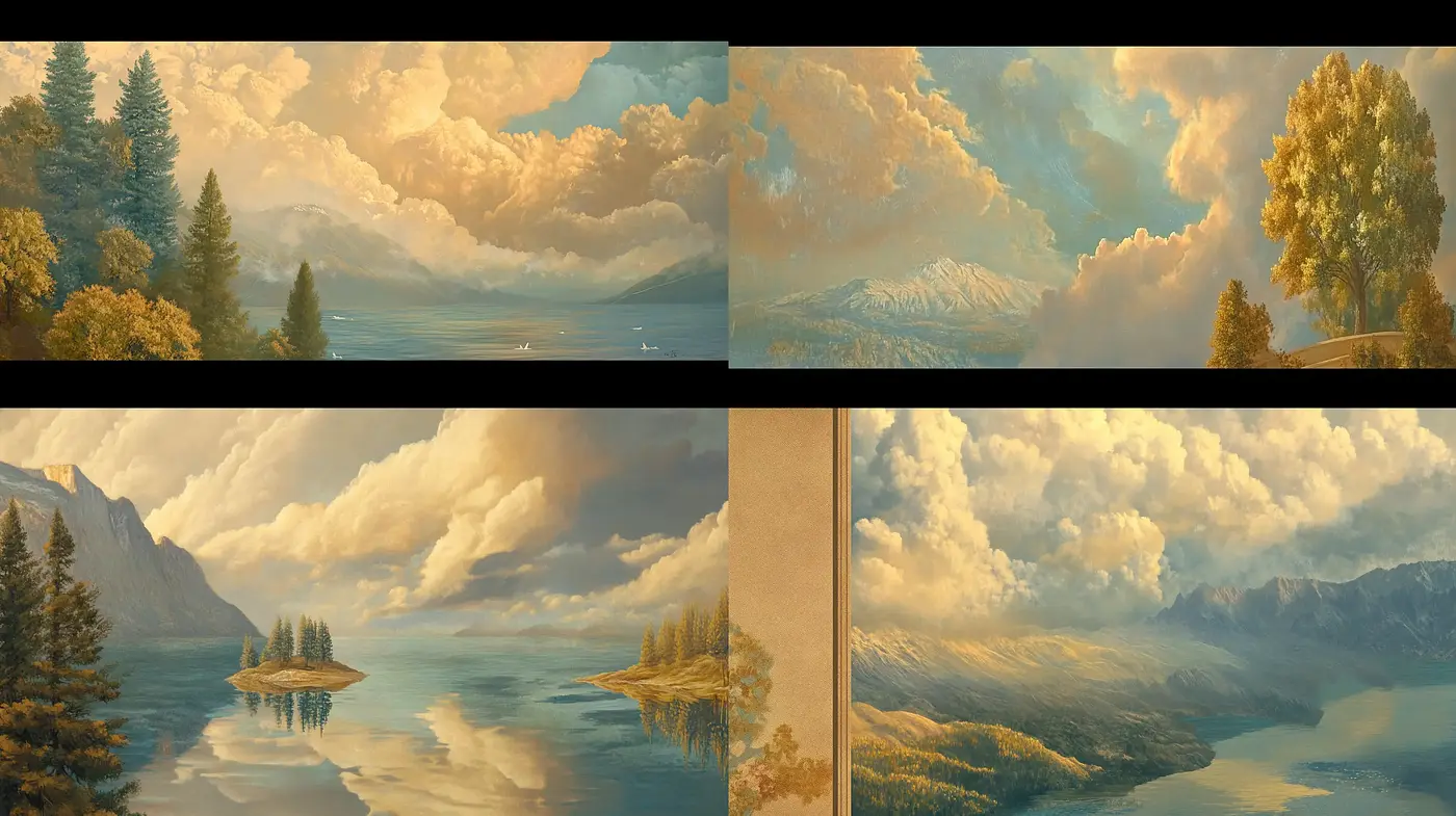 Tranquil Lakeside Dawn in Romantic Landscape Brushwork - Midjourney sref style