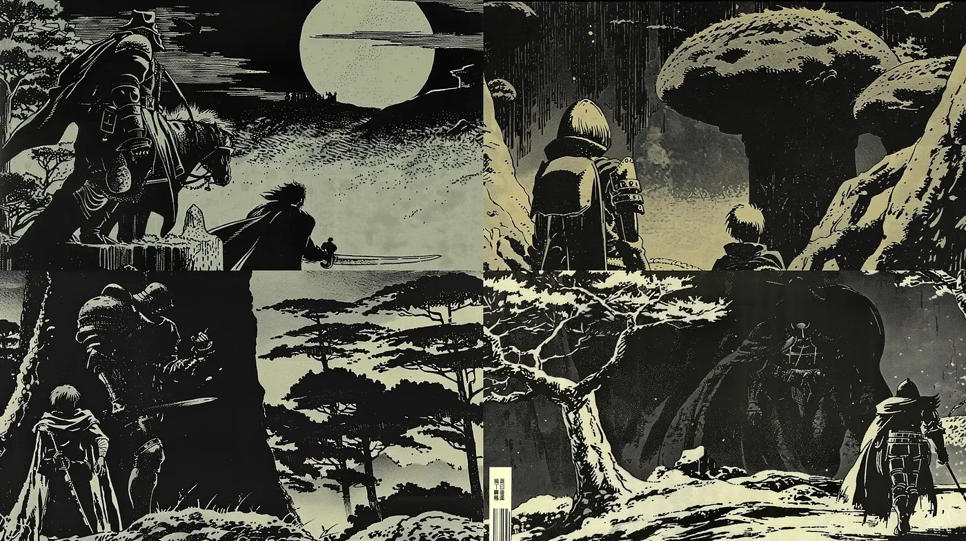 Monochromatic Nostalgic Journey in Ink Wash - Midjourney sref style