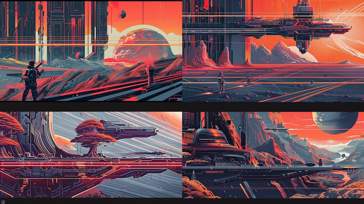 Synthesized Retrofuturism: Harmonized Visions of Cyberpunk Dystopia - Midjourney sref style