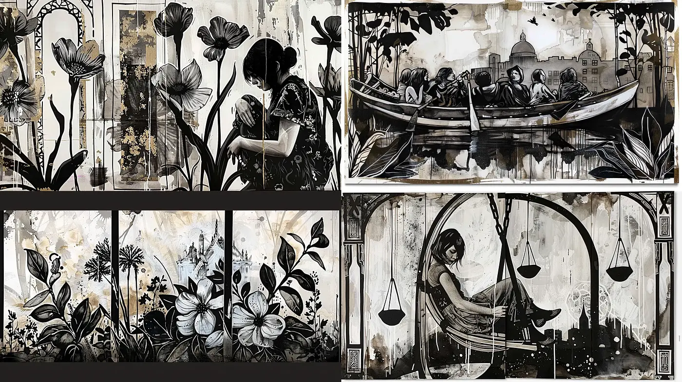 Monochromatic Botanical Dreamscape in Strokes of Noir - Midjourney sref style
