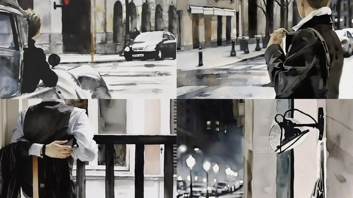 Sophisticated Urban Watercolor Aesthetic with a Sense of Mystery - Midjourney sref style