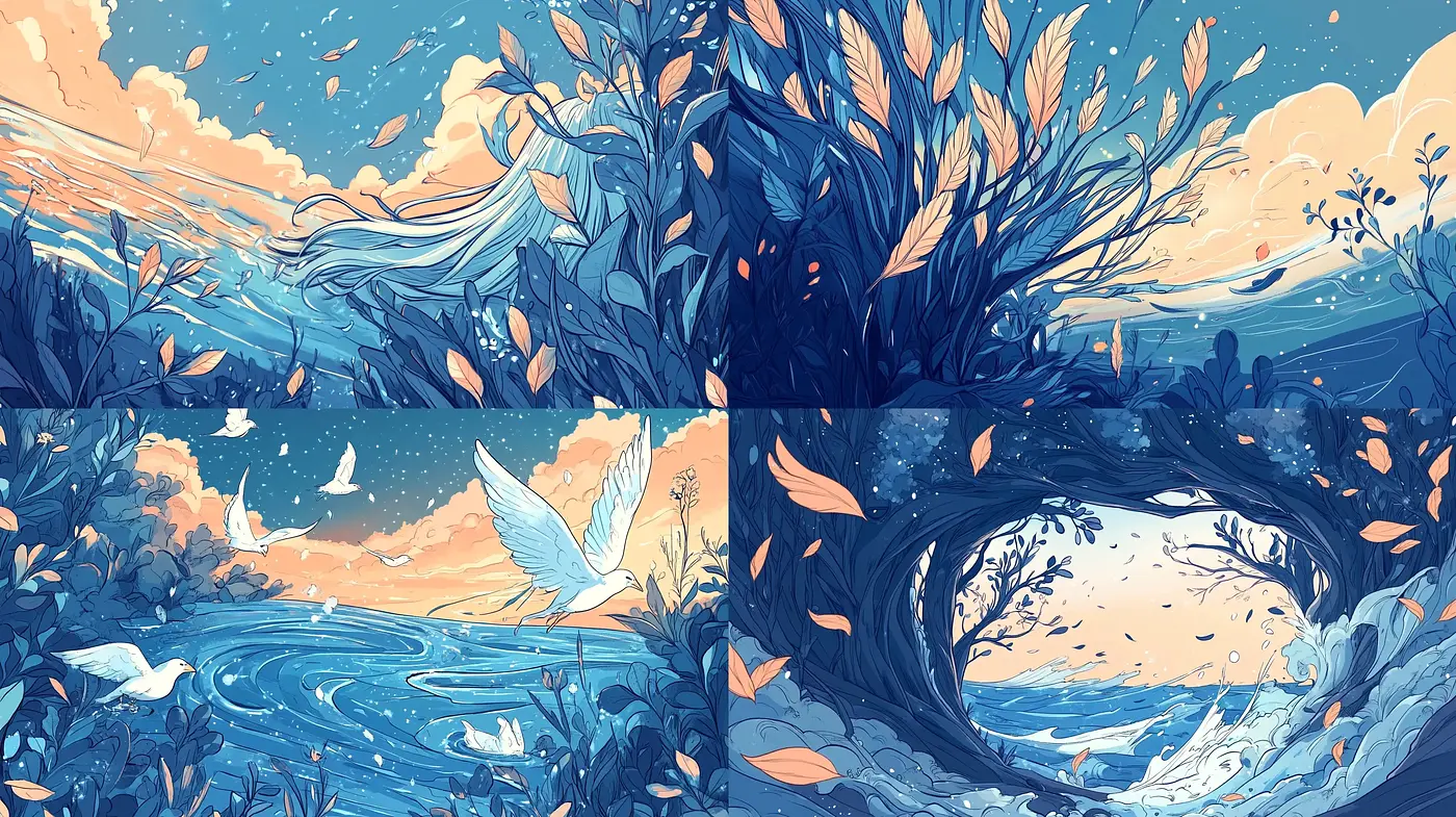 Serene Twilight Fantasia: A Harmonious Blend of Art Nouveau and Anime Aesthetics - Midjourney sref style