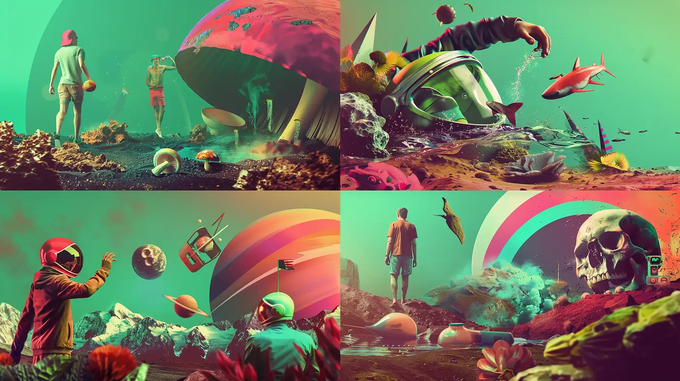 Surreal Sci-Fi Dreamscape with a Retro-Futuristic Palette - Midjourney sref style