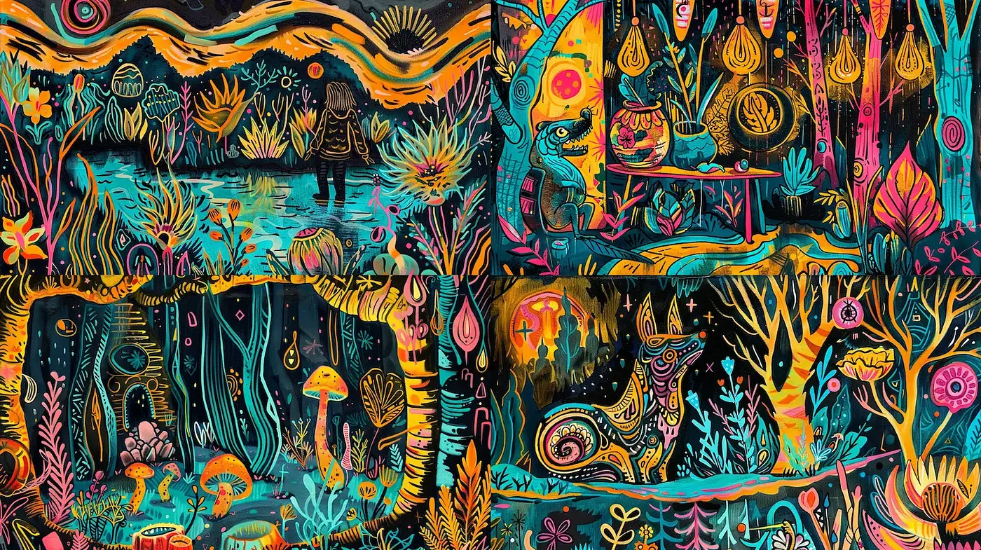 Vibrant and whimsical natural illustrations with a neon palette - Midjourney sref style