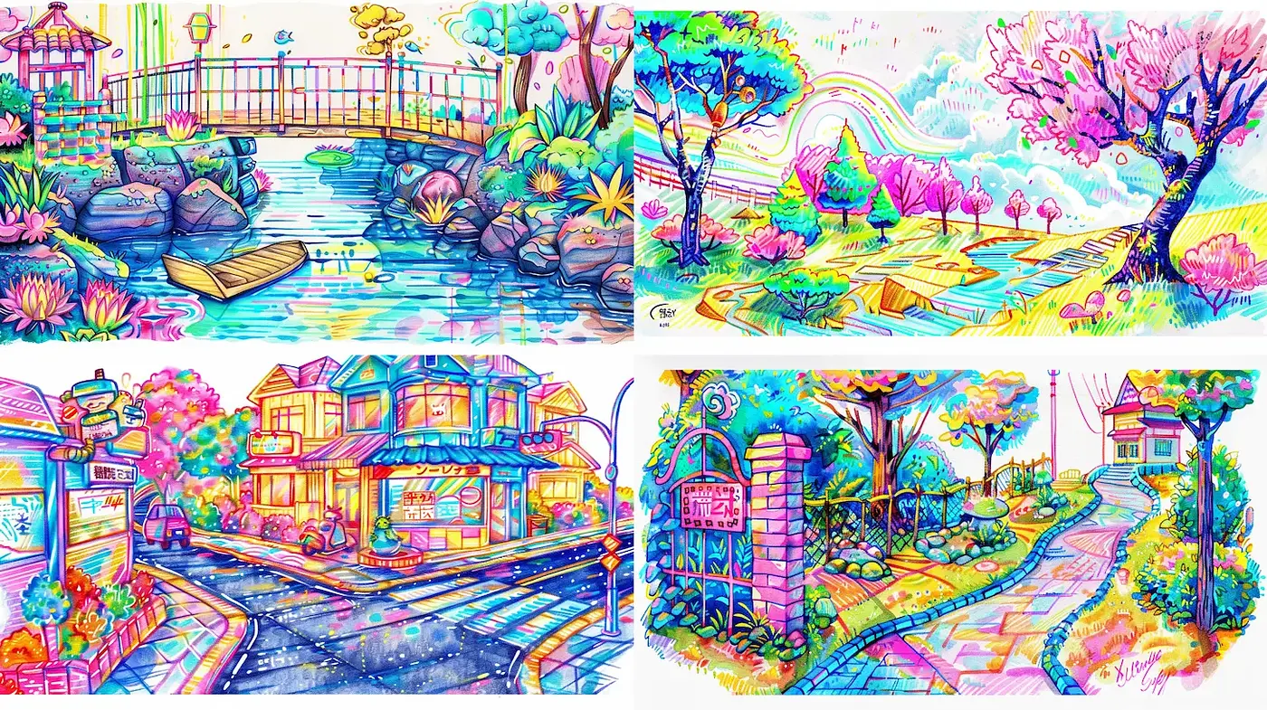 Vibrant and Whimsical Landscape Illustrations with Luminous Colors - Midjourney sref style