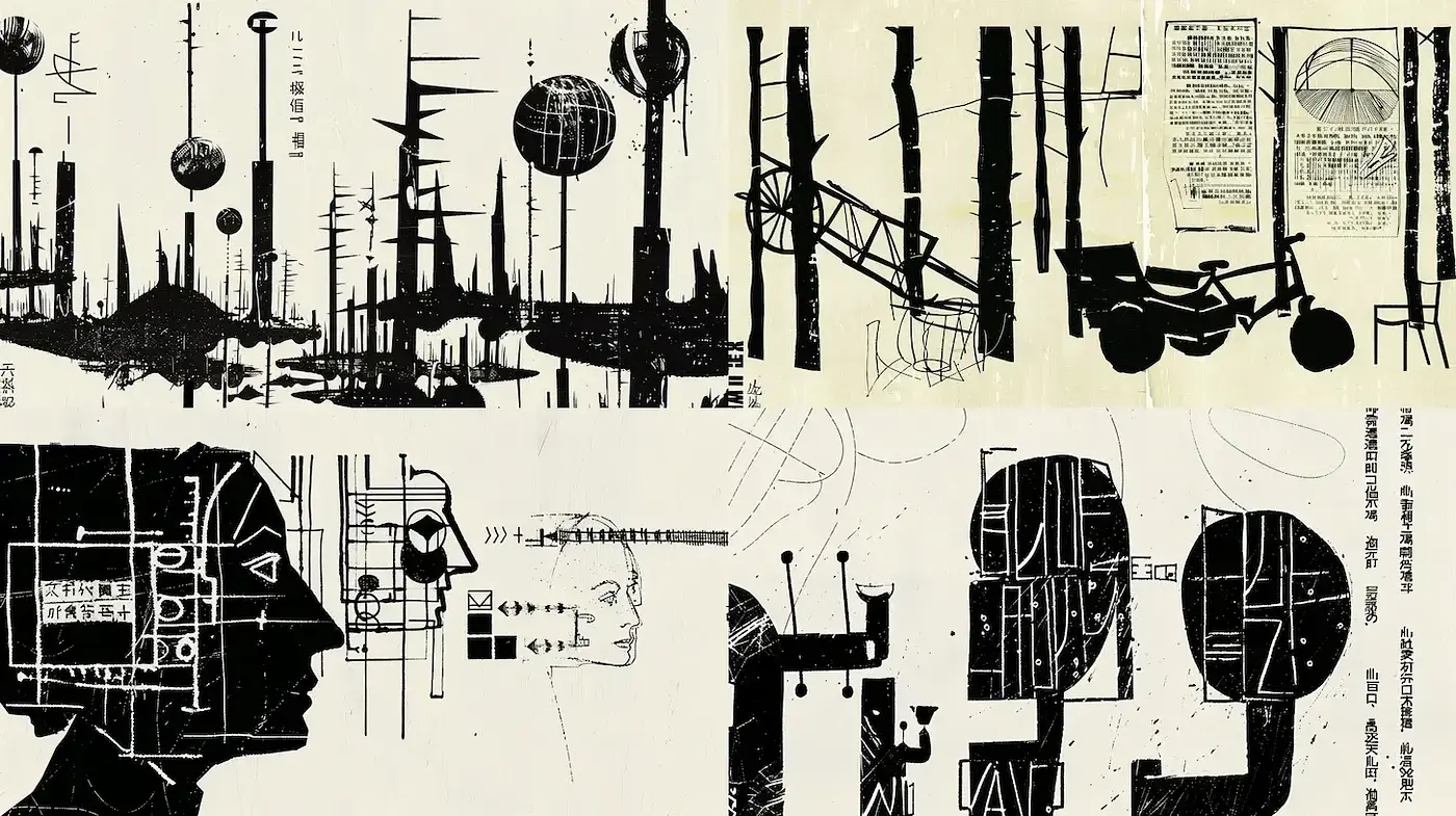 Abstract Monochrome Art with Geometric Elements and Industrial Influence - Midjourney sref style