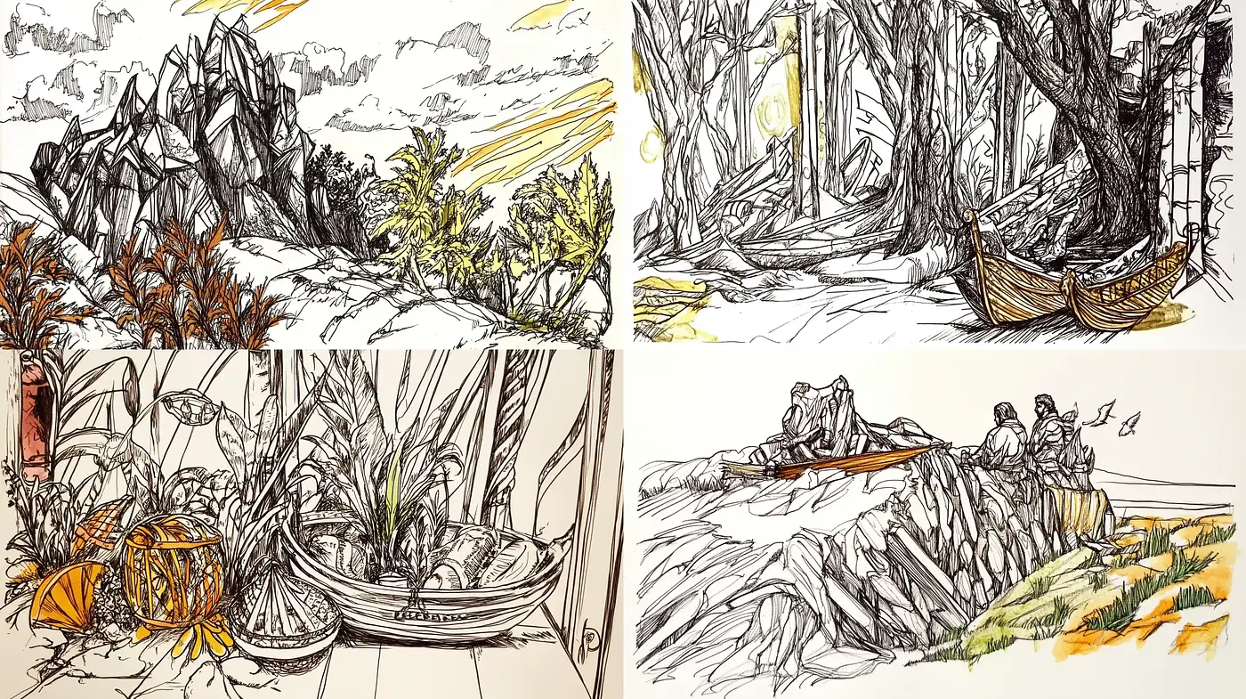 Sketch-like Lineament Essence with Nature's Palette - Midjourney sref style