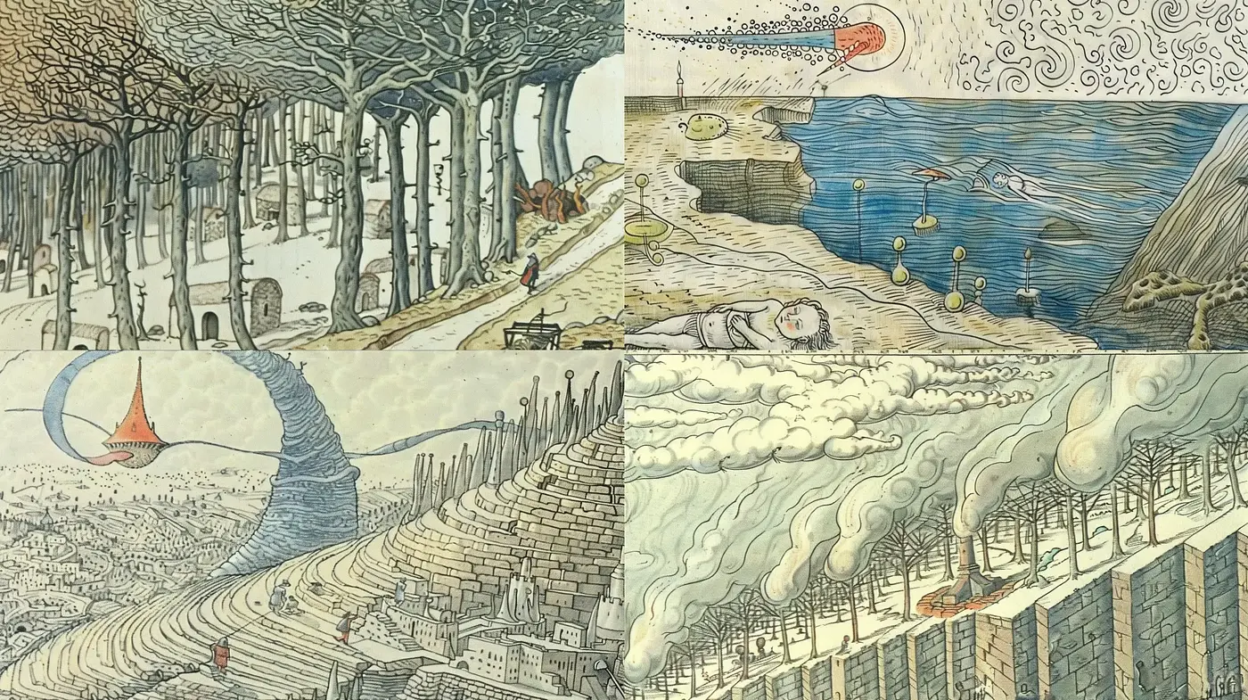 Surrealistic Storybook Dreamscape with Whimsical Line Art - Midjourney sref style