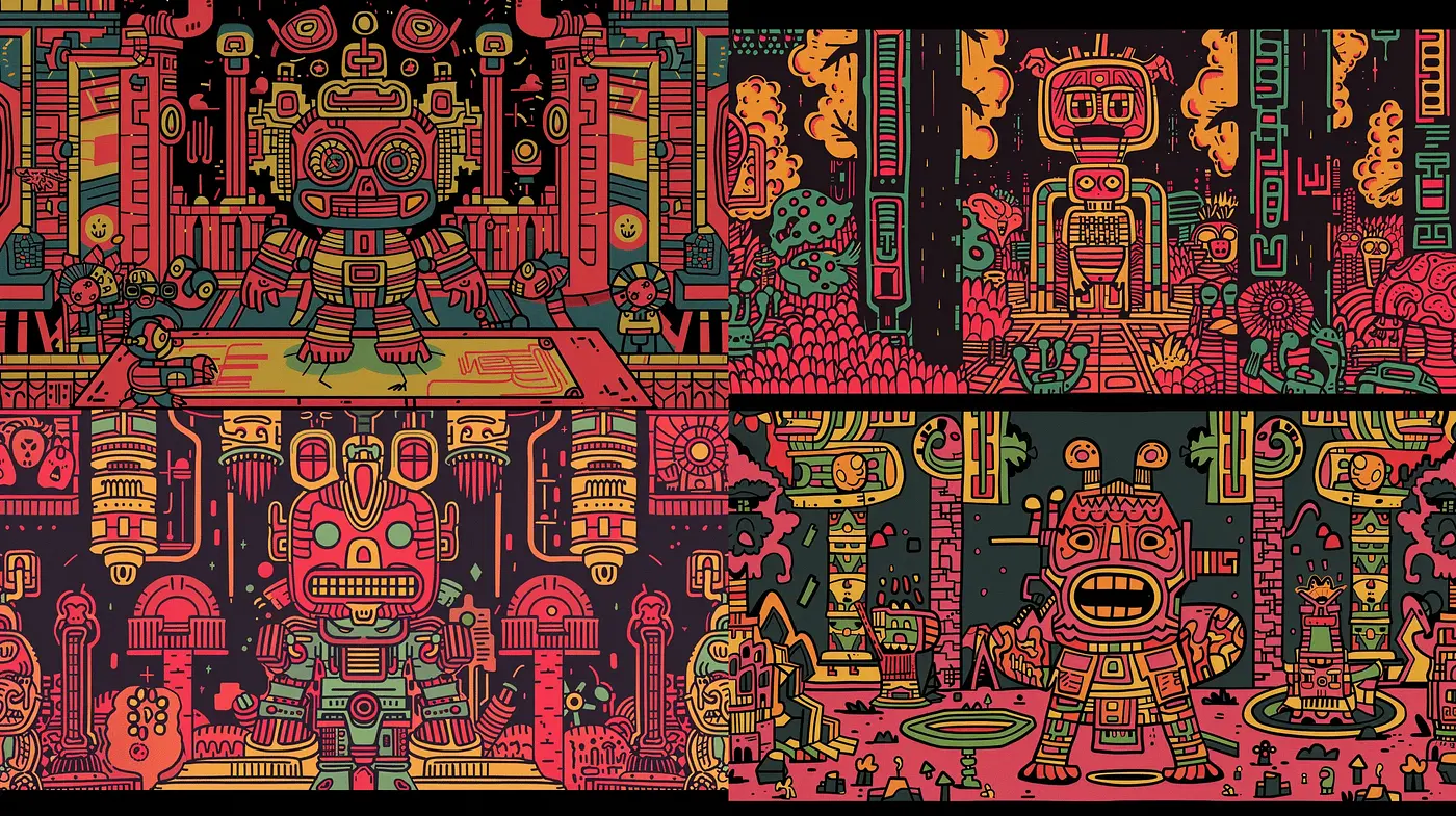 Eclectic Neon Mythology: A Fusion of Tribal Art and Electric Hues - Midjourney sref style
