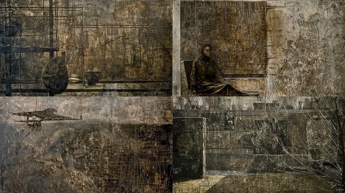 Intricate Fusion of Textures and Muted Hues in a Nostalgic Atmosphere - Midjourney sref style