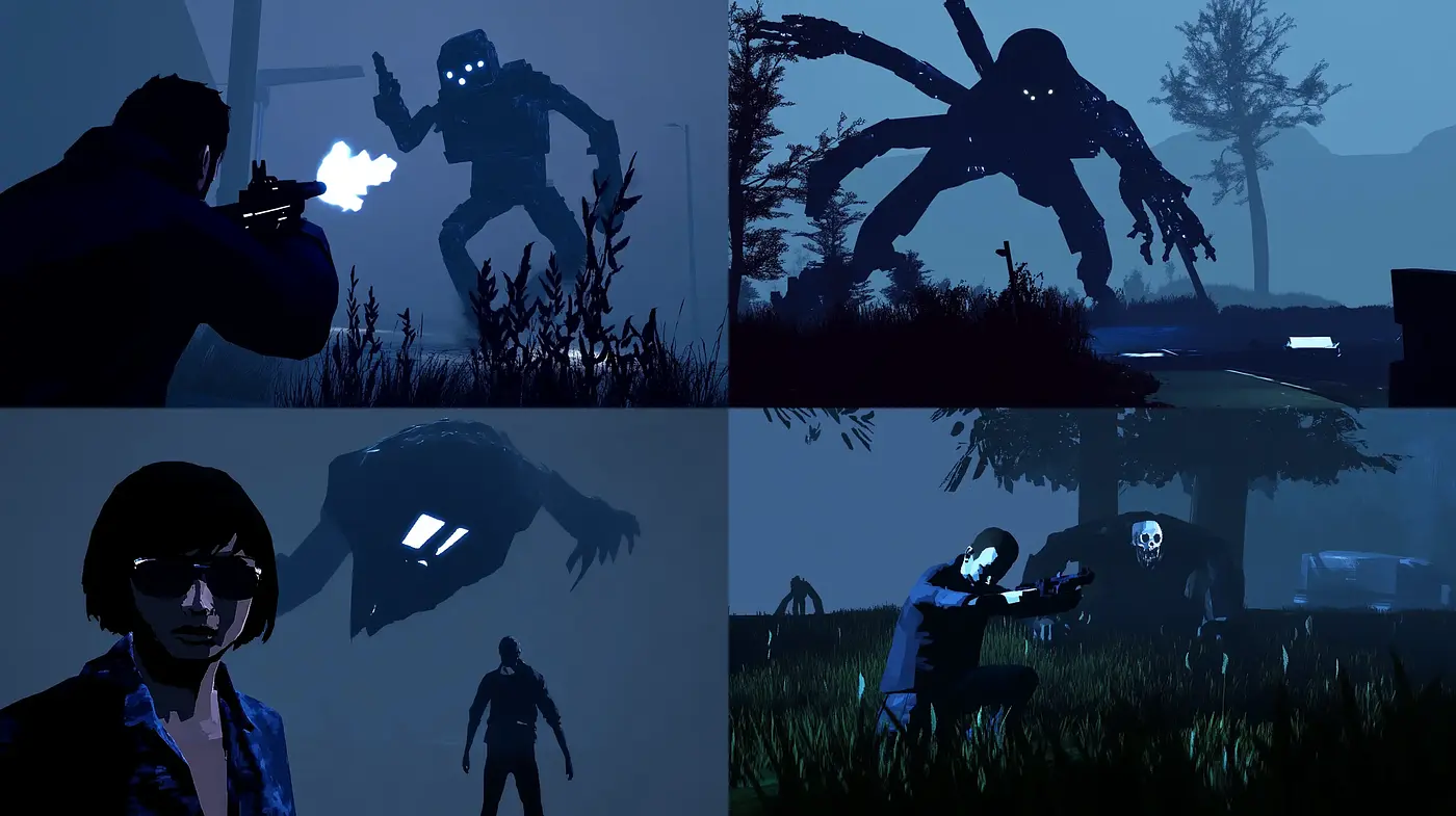 Nocturnal Silhouette Narrative in Monochromatic Blue - Midjourney sref style