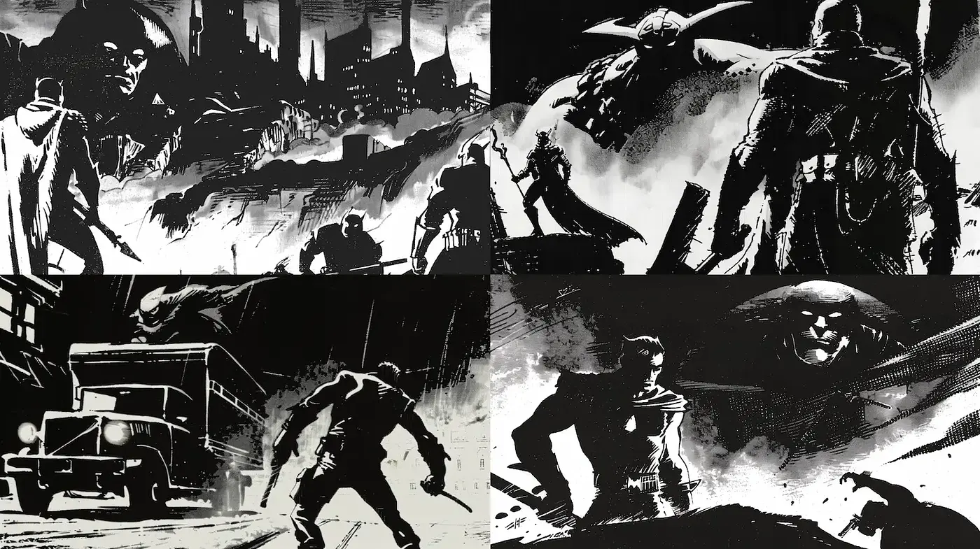 Dynamic Noir Aesthetic with Bold Contrast and Expressive Figures - Midjourney sref style