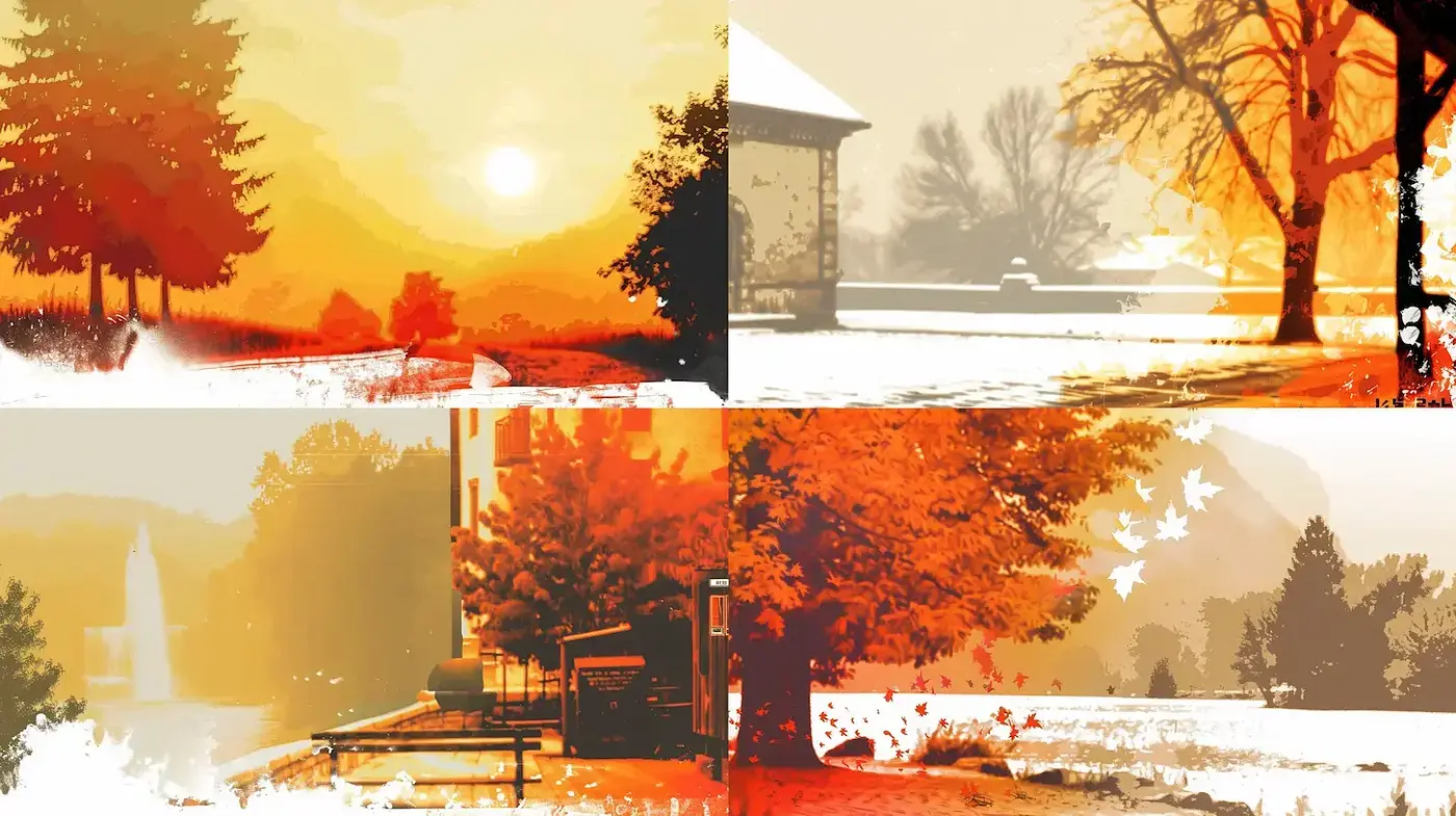 Whimsical Seasonal Landscapes with Vivid Autumn Tones - Midjourney sref style